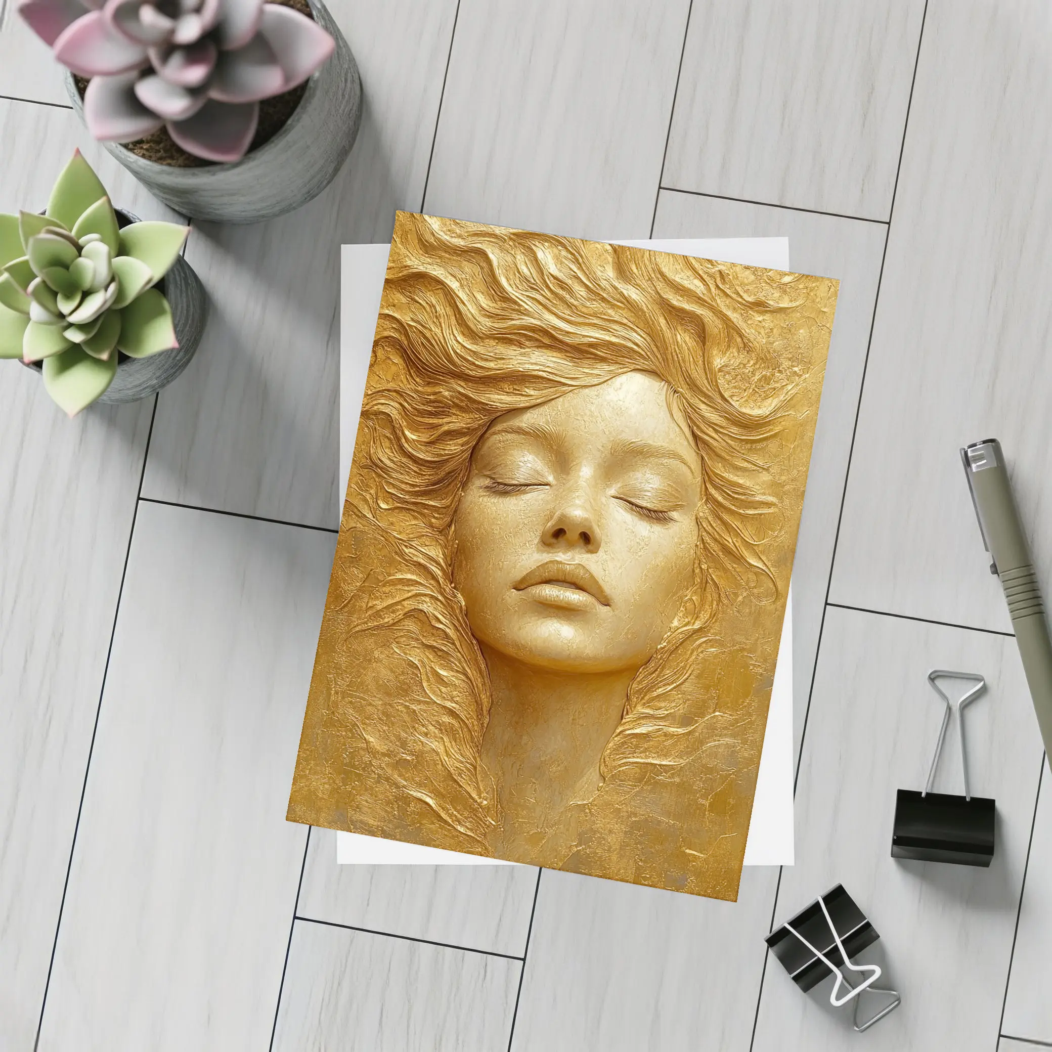Golden Woman Face Relief Sculpture Art – Postcards