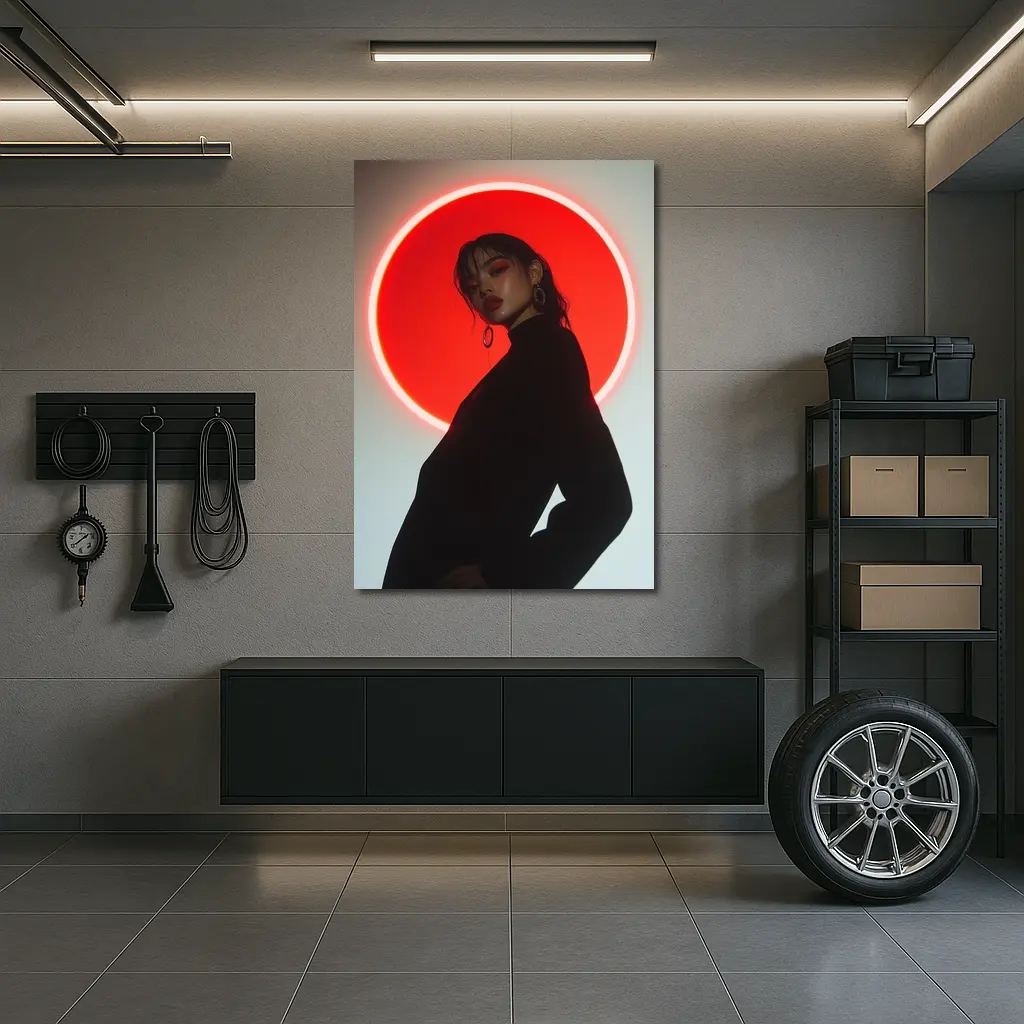 Woman in Black Against Red Neon Circle – Wall Art