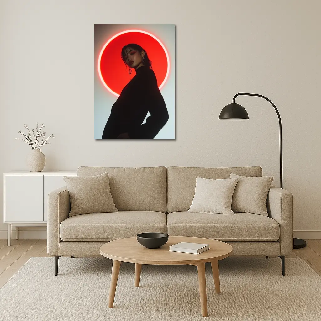 Woman in Black Against Red Neon Circle – Wall Art
