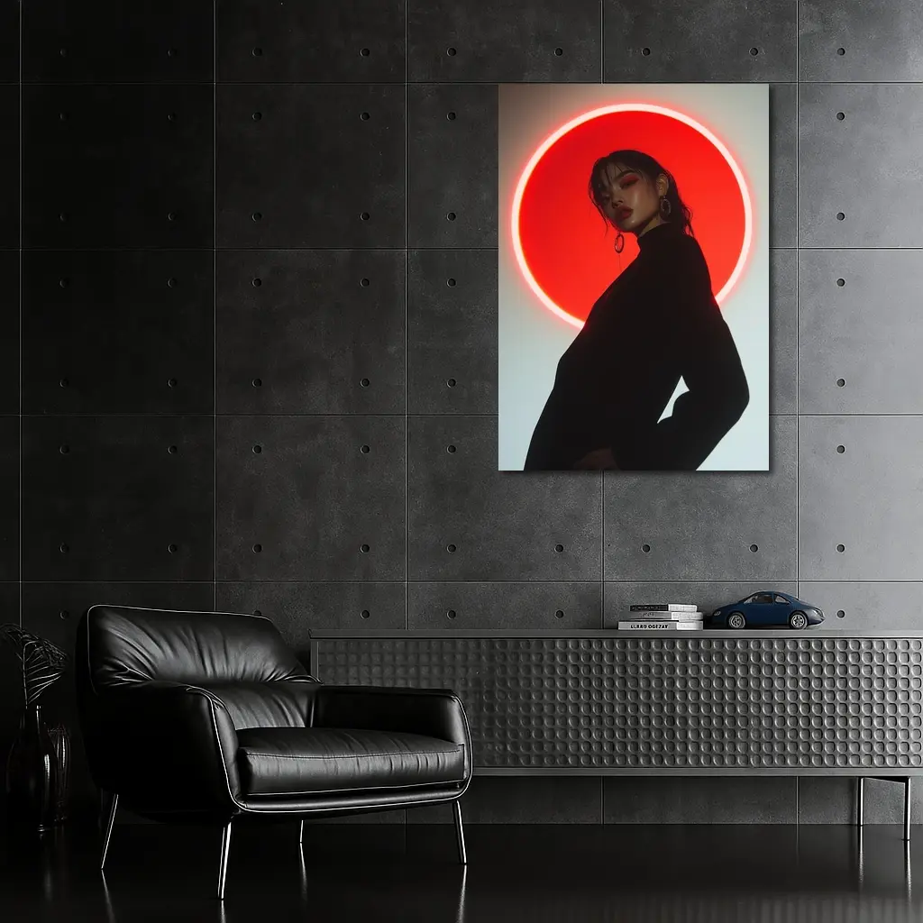 Woman in Black Against Red Neon Circle – Wall Art