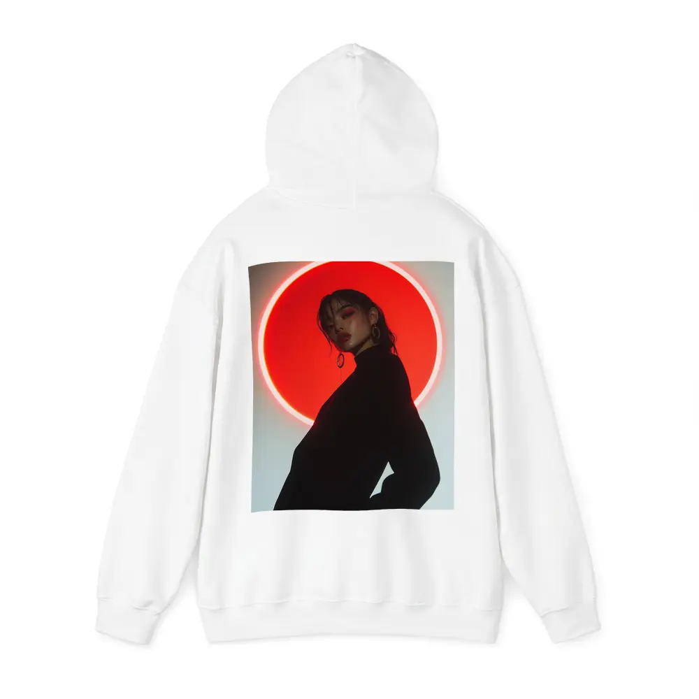 Woman in Black Against Red Neon Circle – Hoodies