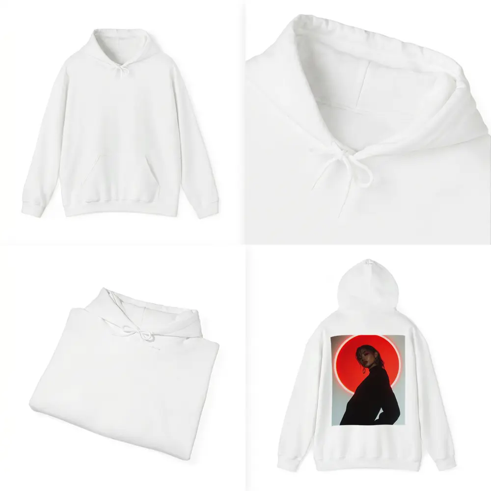 Woman in Black Against Red Neon Circle – Hoodies