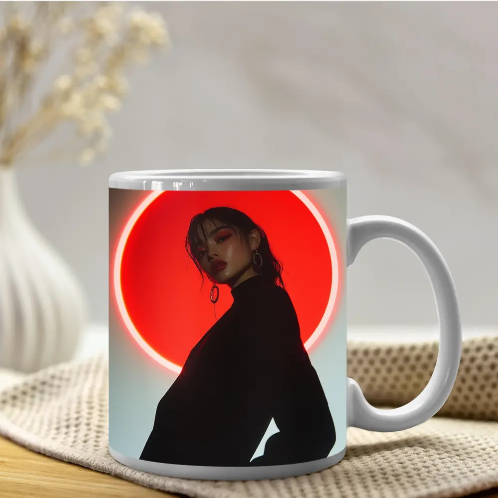 Woman in Black Against Red Neon Circle – Mugs