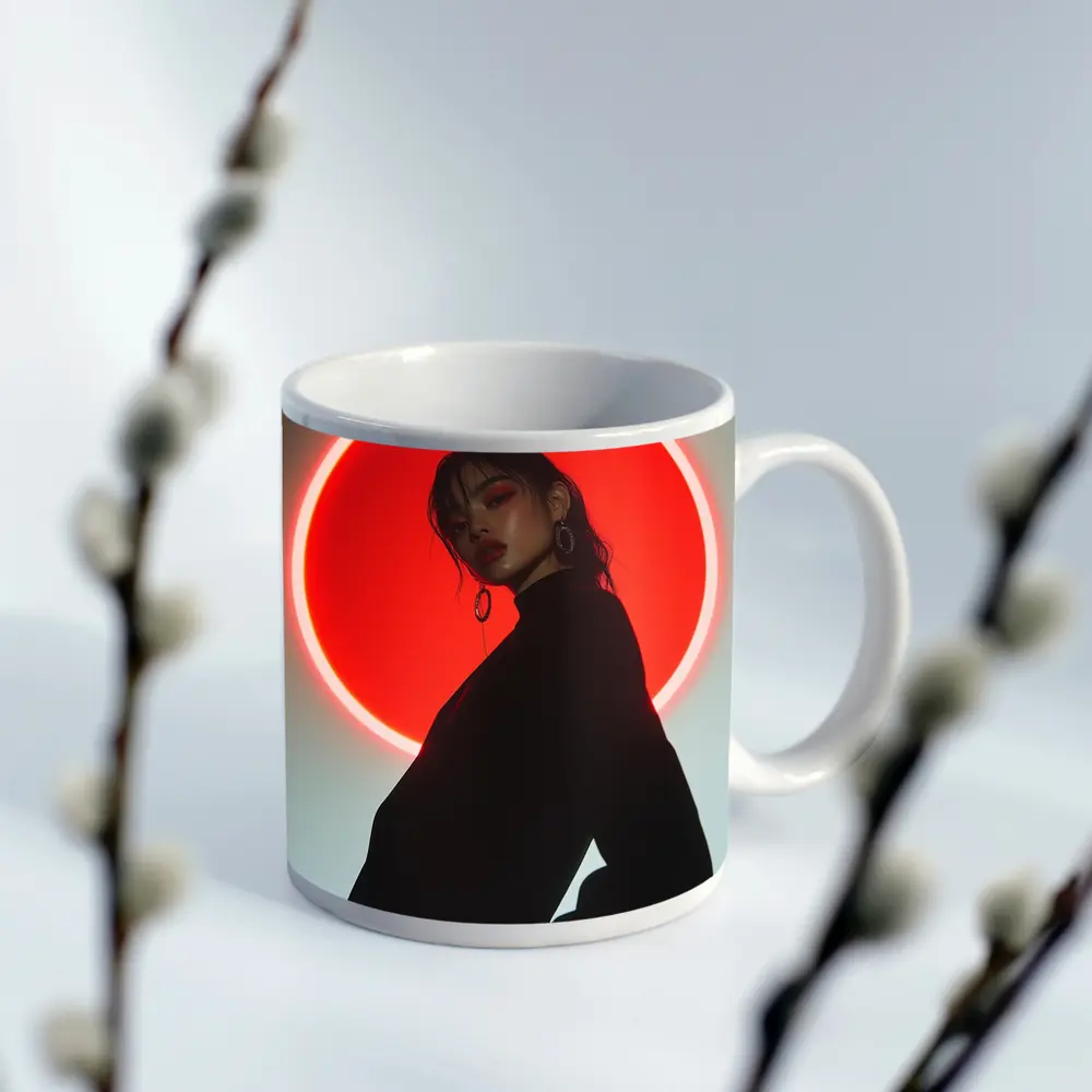 Woman in Black Against Red Neon Circle – Mugs