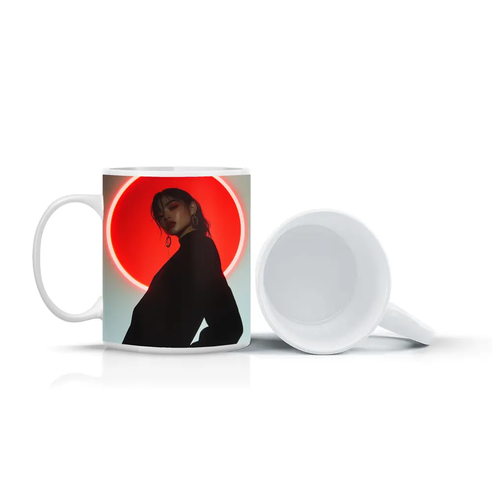 Woman in Black Against Red Neon Circle – Mugs