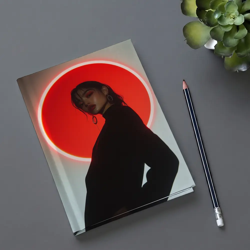 Woman in Black Against Red Neon Circle – Notebooks