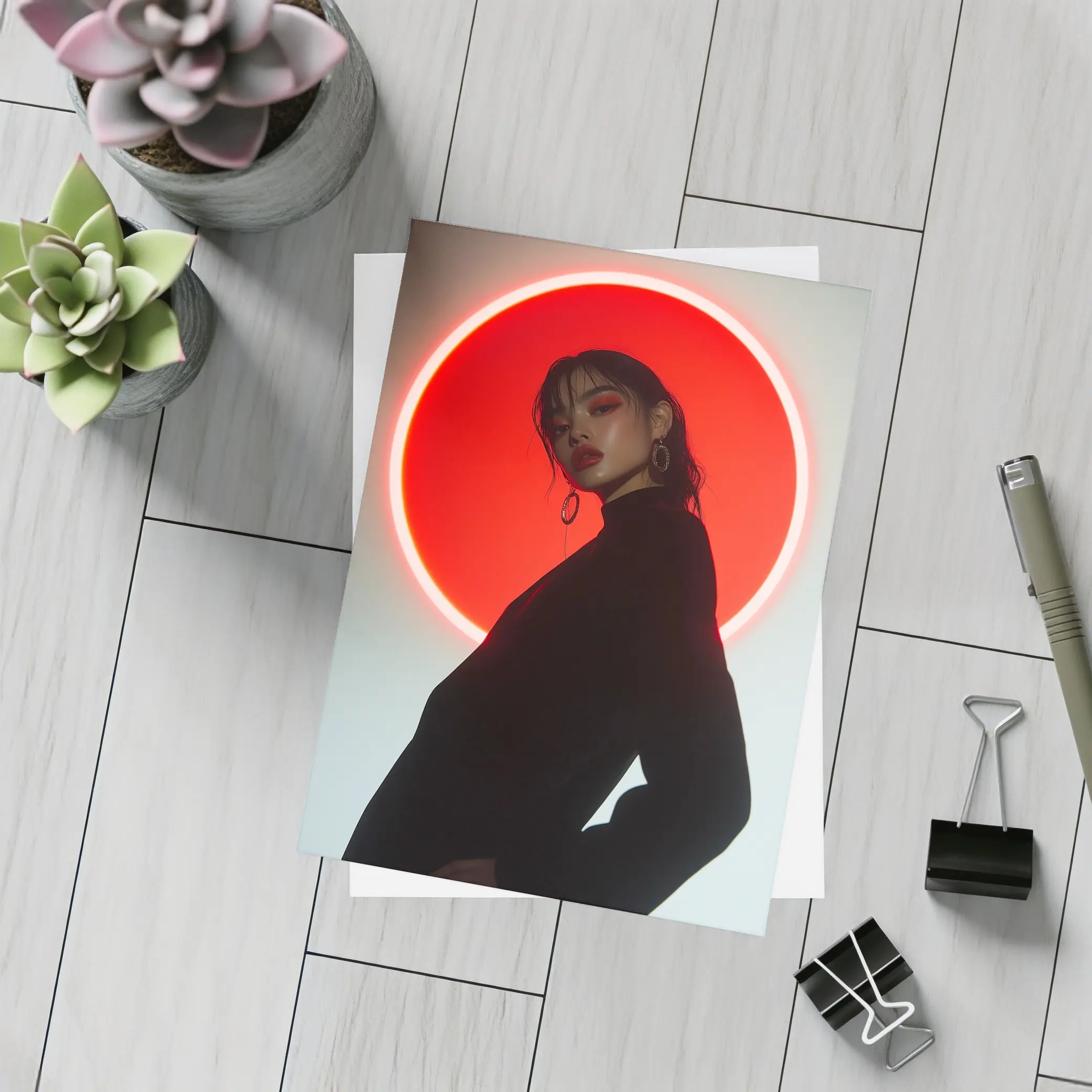 Woman in Black Against Red Neon Circle – Postcards