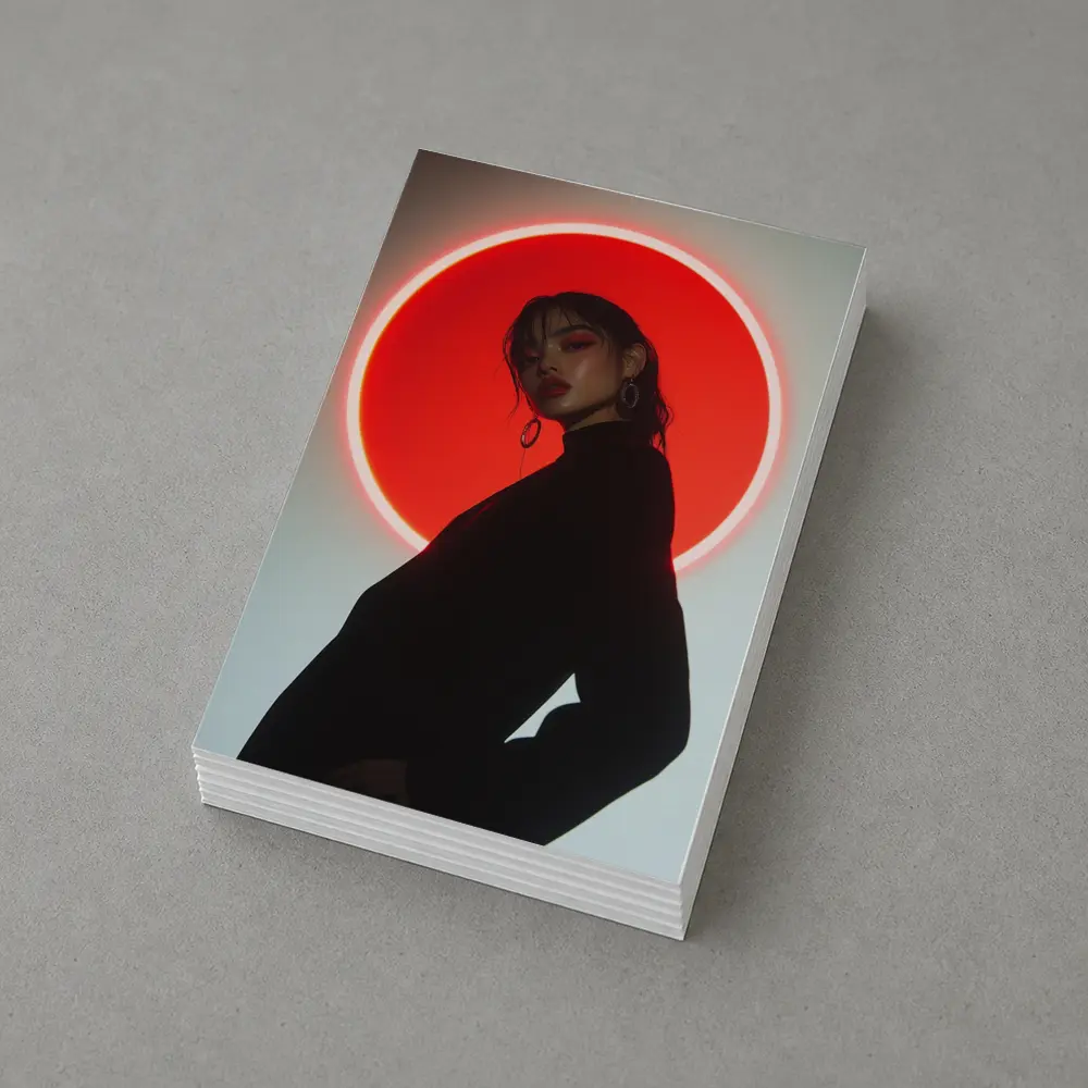 Woman in Black Against Red Neon Circle – Postcards