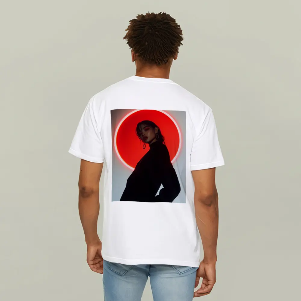 Woman in Black Against Red Neon Circle – T-Shirts