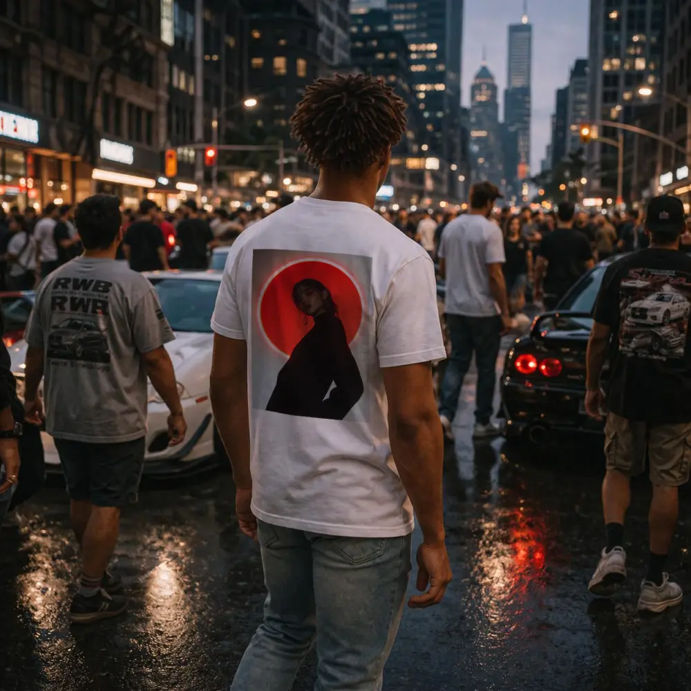 Woman in Black Against Red Neon Circle – T-Shirts