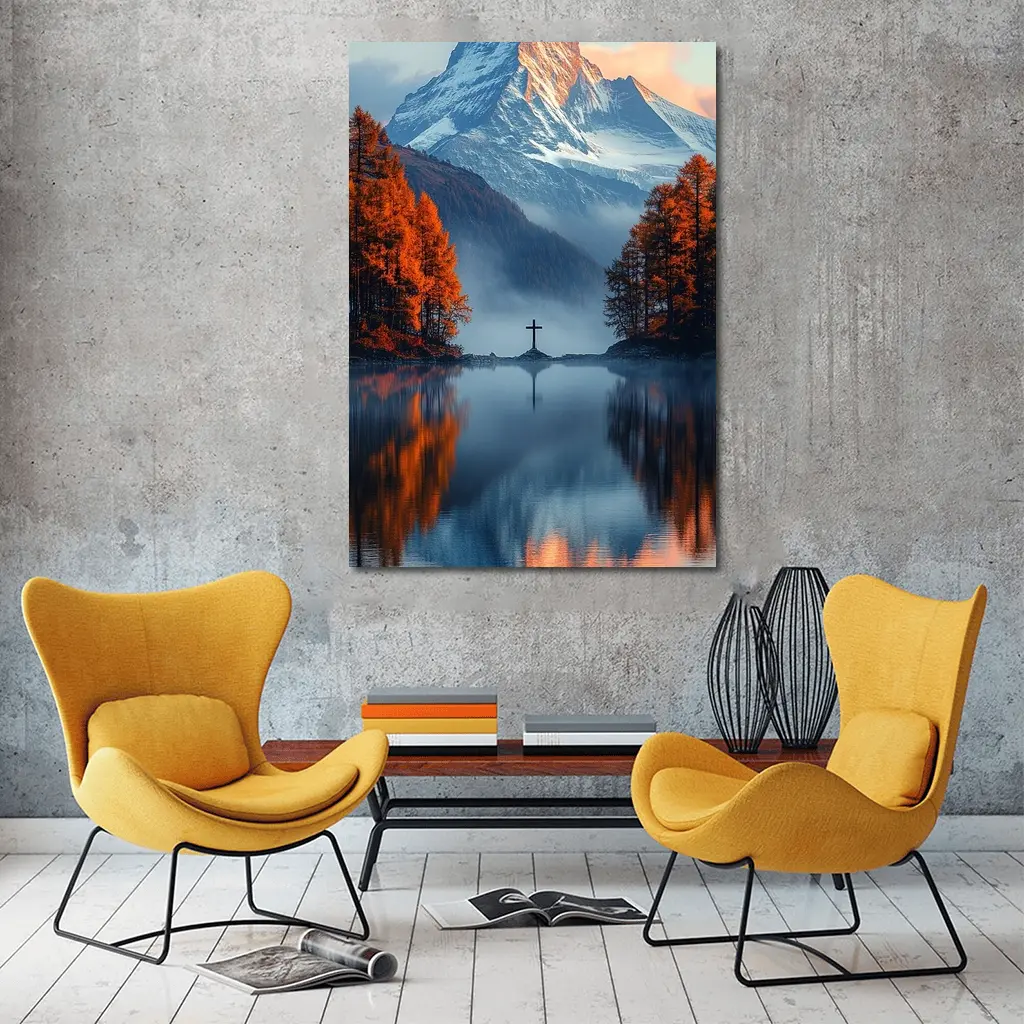 Mountain Cross Reflection Autumn Lake Mist – Wall Art