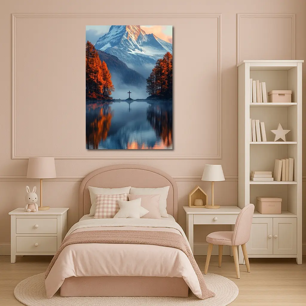 Mountain Cross Reflection Autumn Lake Mist – Wall Art