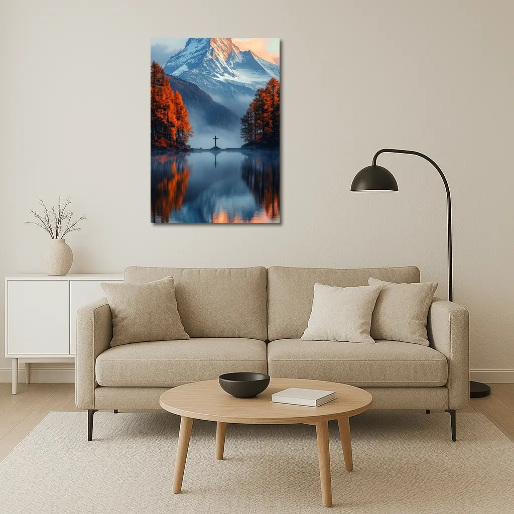 Mountain Cross Reflection Autumn Lake Mist – Wall Art