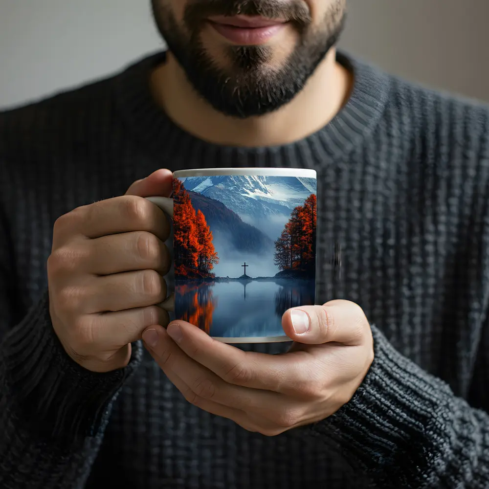 Mountain Cross Reflection Autumn Lake Mist – Mugs