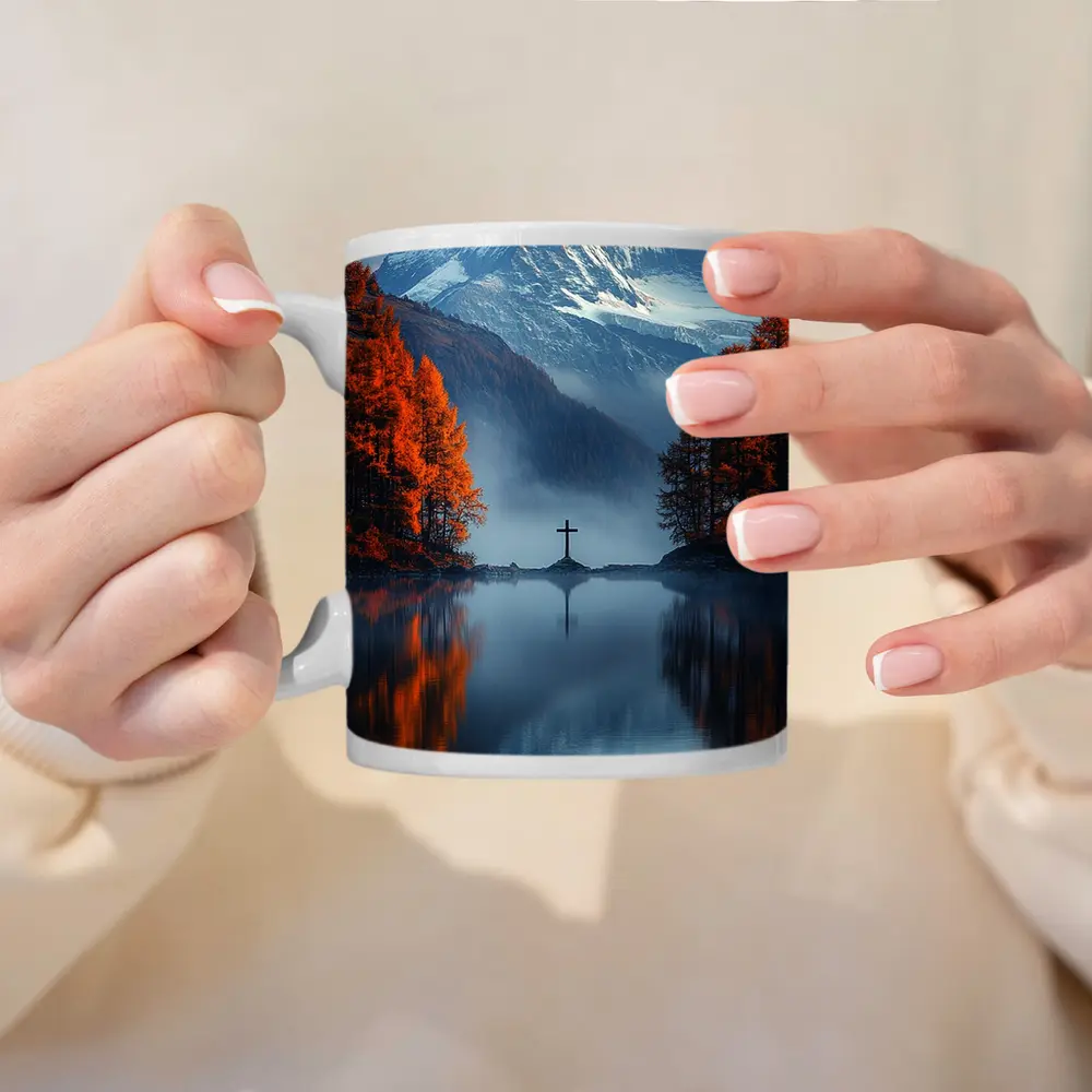 Mountain Cross Reflection Autumn Lake Mist – Mugs