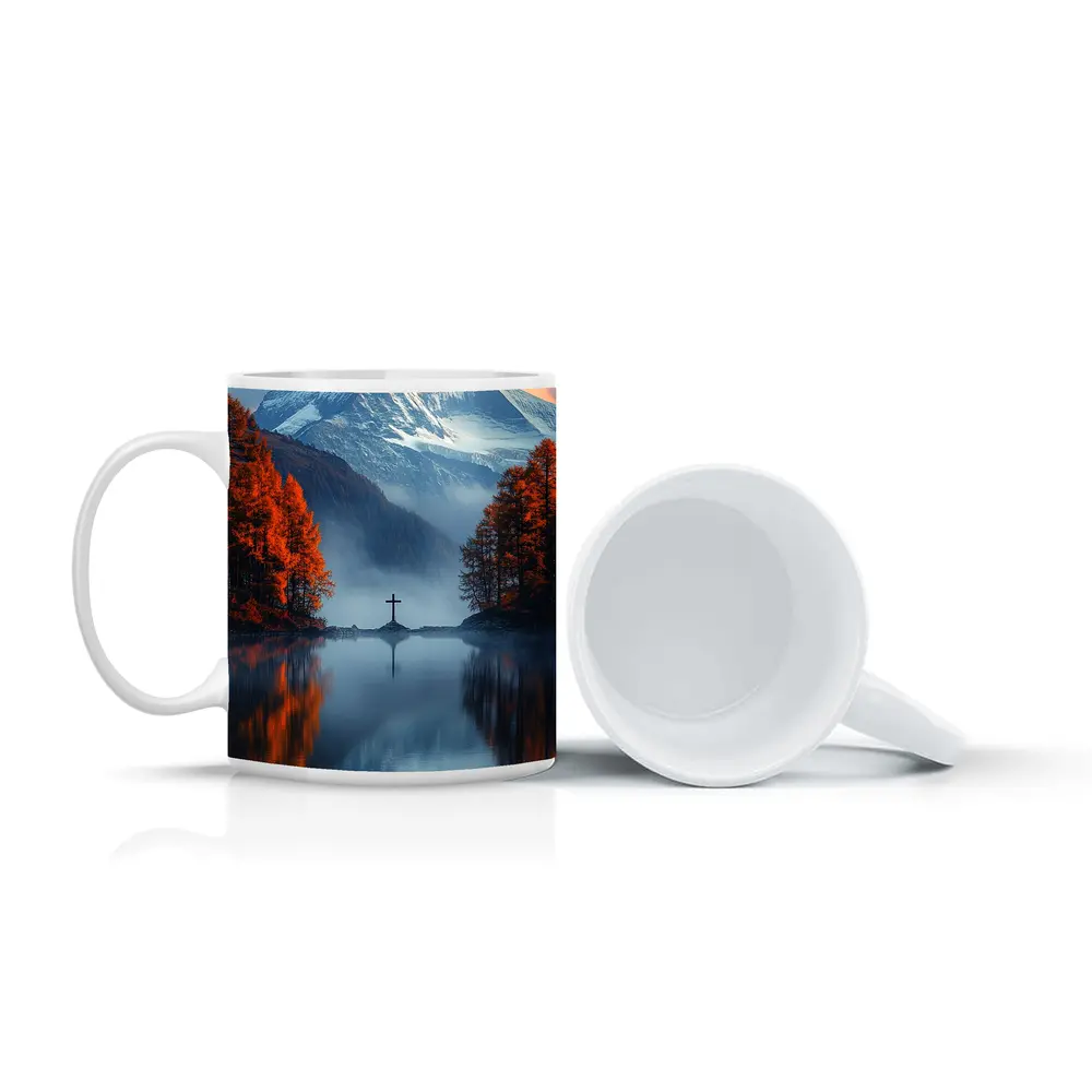Mountain Cross Reflection Autumn Lake Mist – Mugs