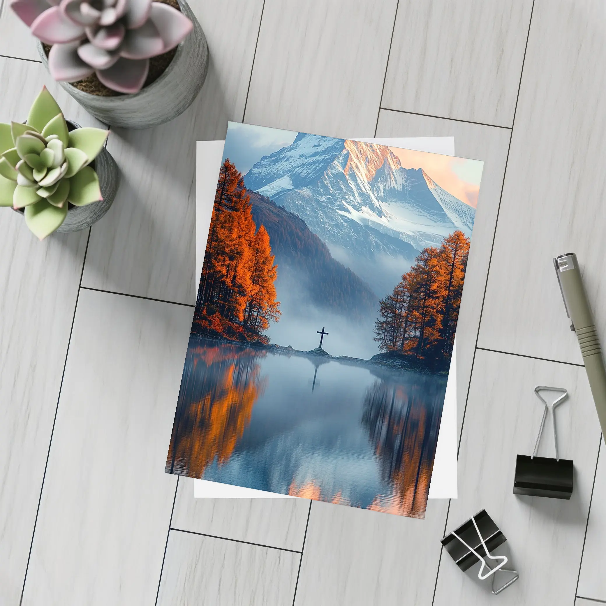 Mountain Cross Reflection Autumn Lake Mist – Postcards