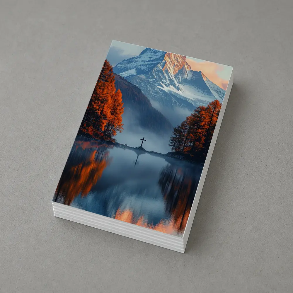 Mountain Cross Reflection Autumn Lake Mist – Postcards