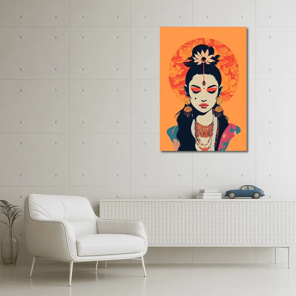 Indian Goddess Woman Orange Floral Background – Wall Art