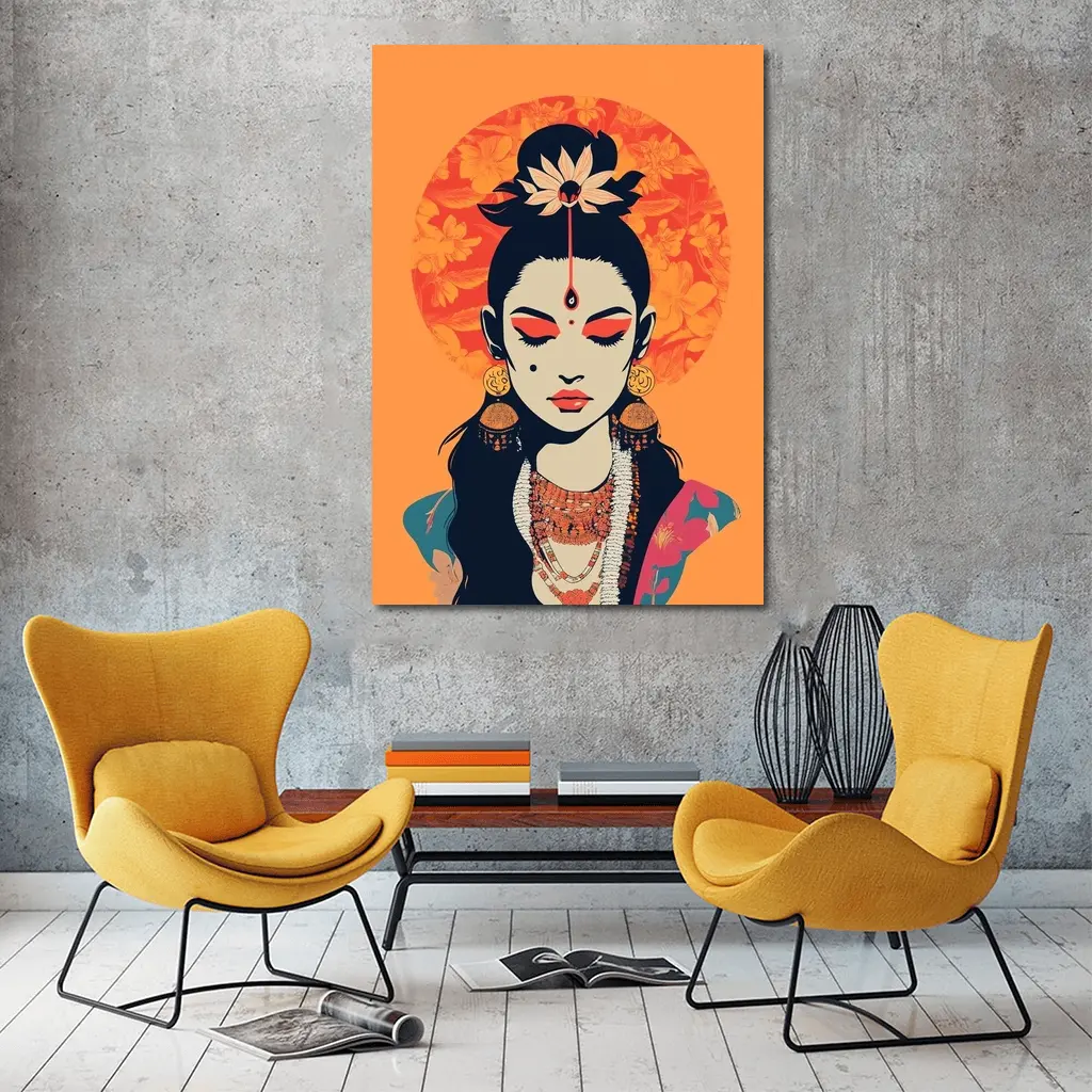 Indian Goddess Woman Orange Floral Background – Wall Art