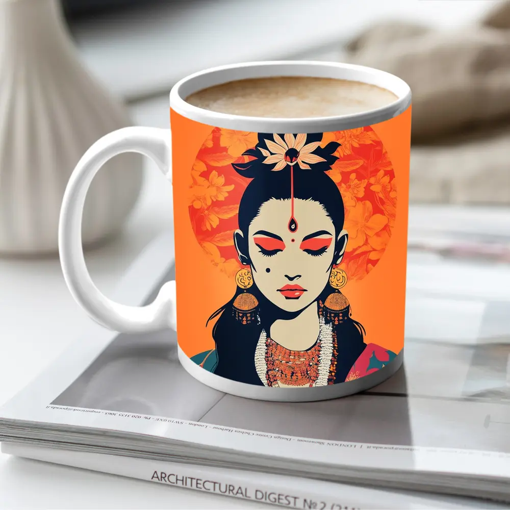 Indian Goddess Woman Orange Floral Background – Mugs