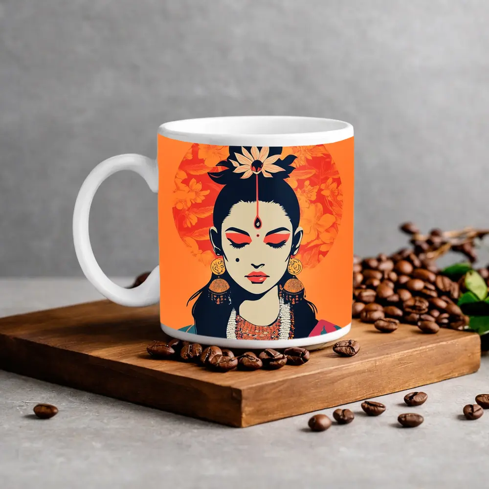 Indian Goddess Woman Orange Floral Background – Mugs