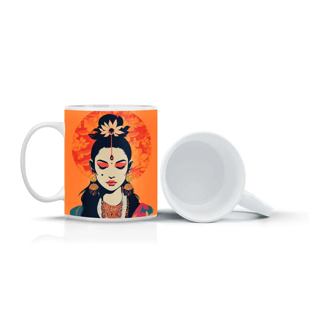 Indian Goddess Woman Orange Floral Background – Mugs