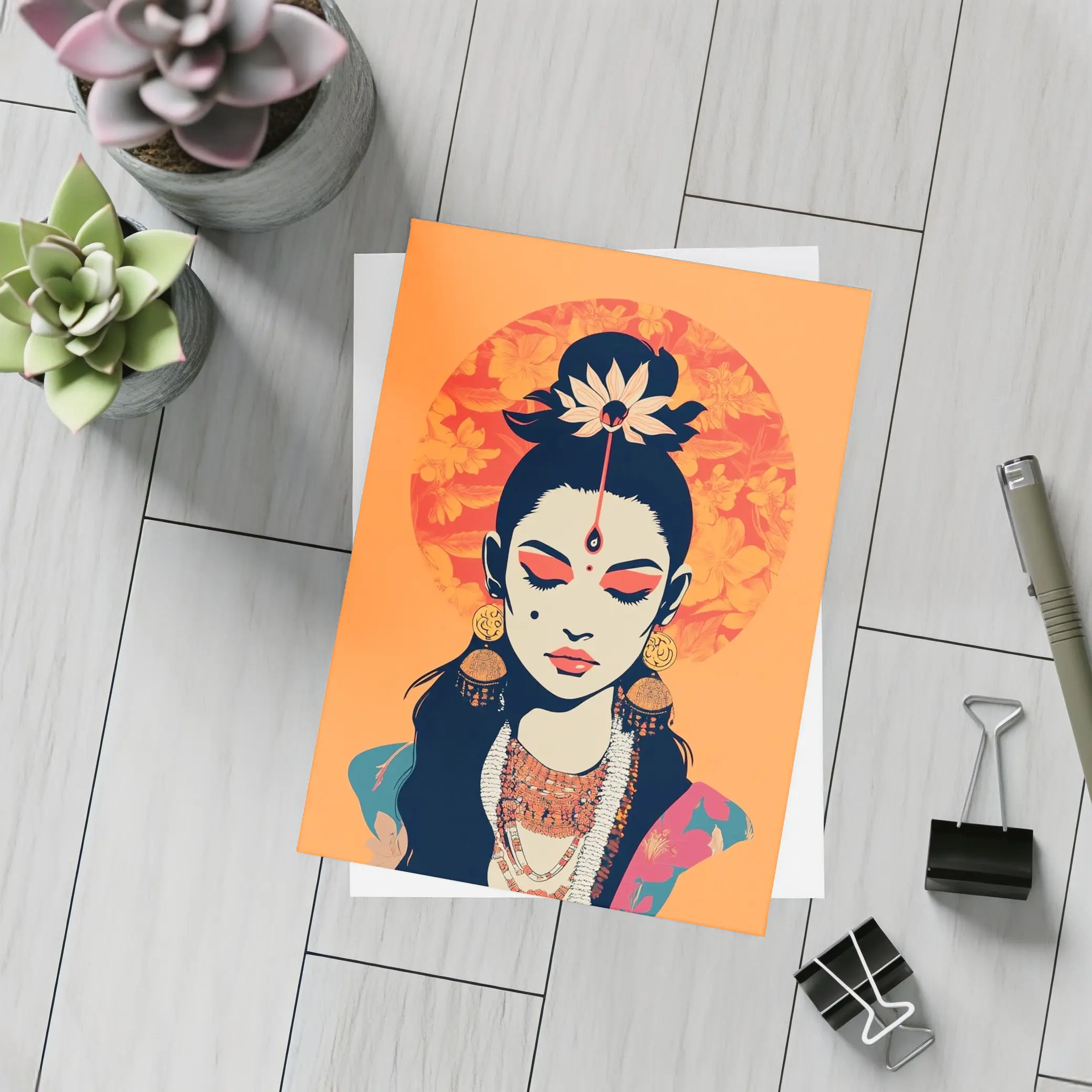Indian Goddess Woman Orange Floral Background – Postcards