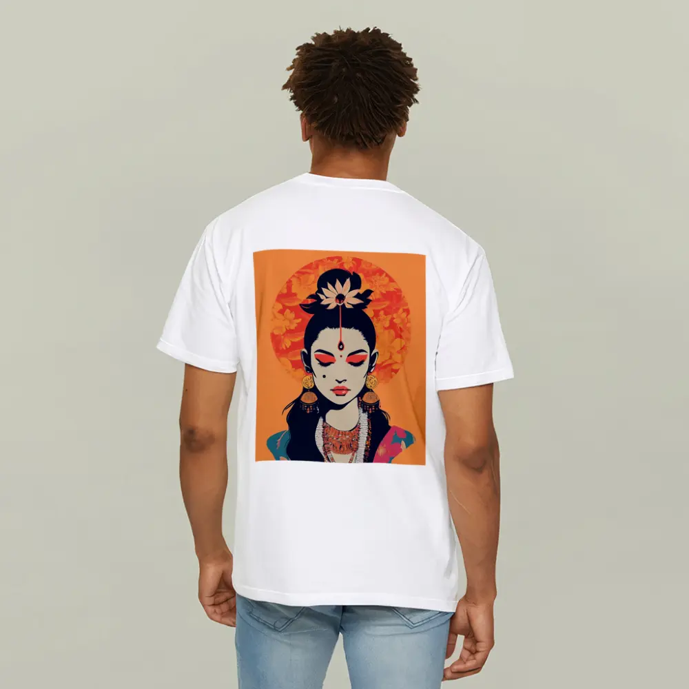 Indian Goddess Woman Orange Floral Background – T-Shirts