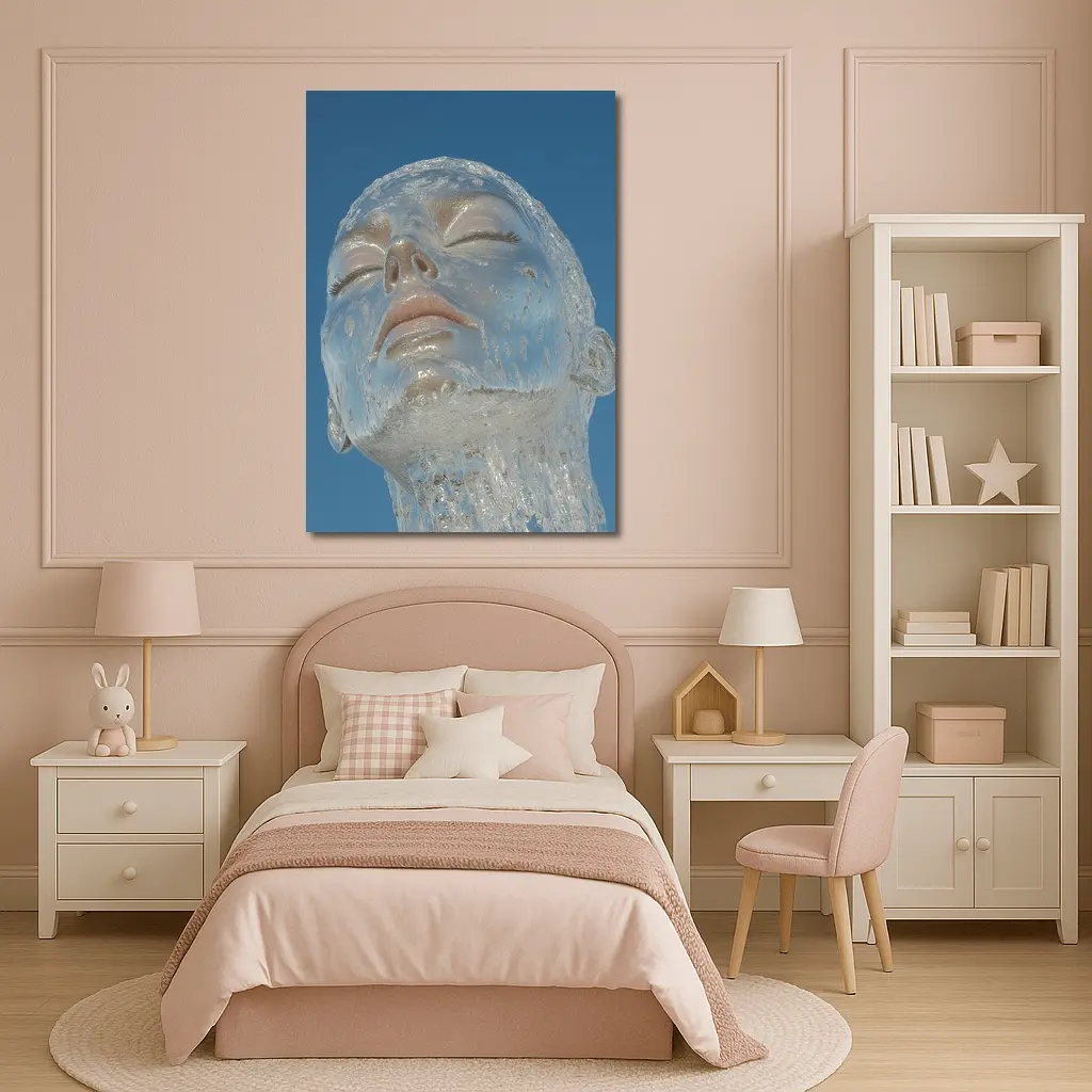 Ice Face Sculpture Against Blue Sky – Wall Art
