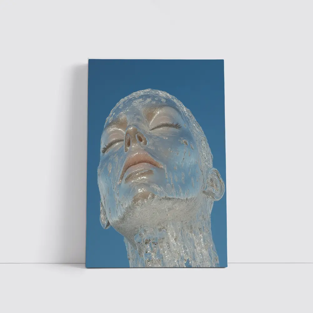 Ice Face Sculpture Against Blue Sky – Wall Art