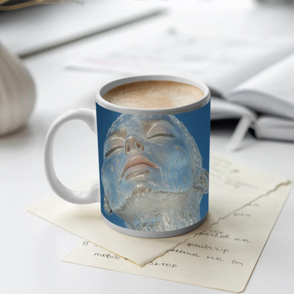 Ice Face Sculpture Against Blue Sky – Mugs