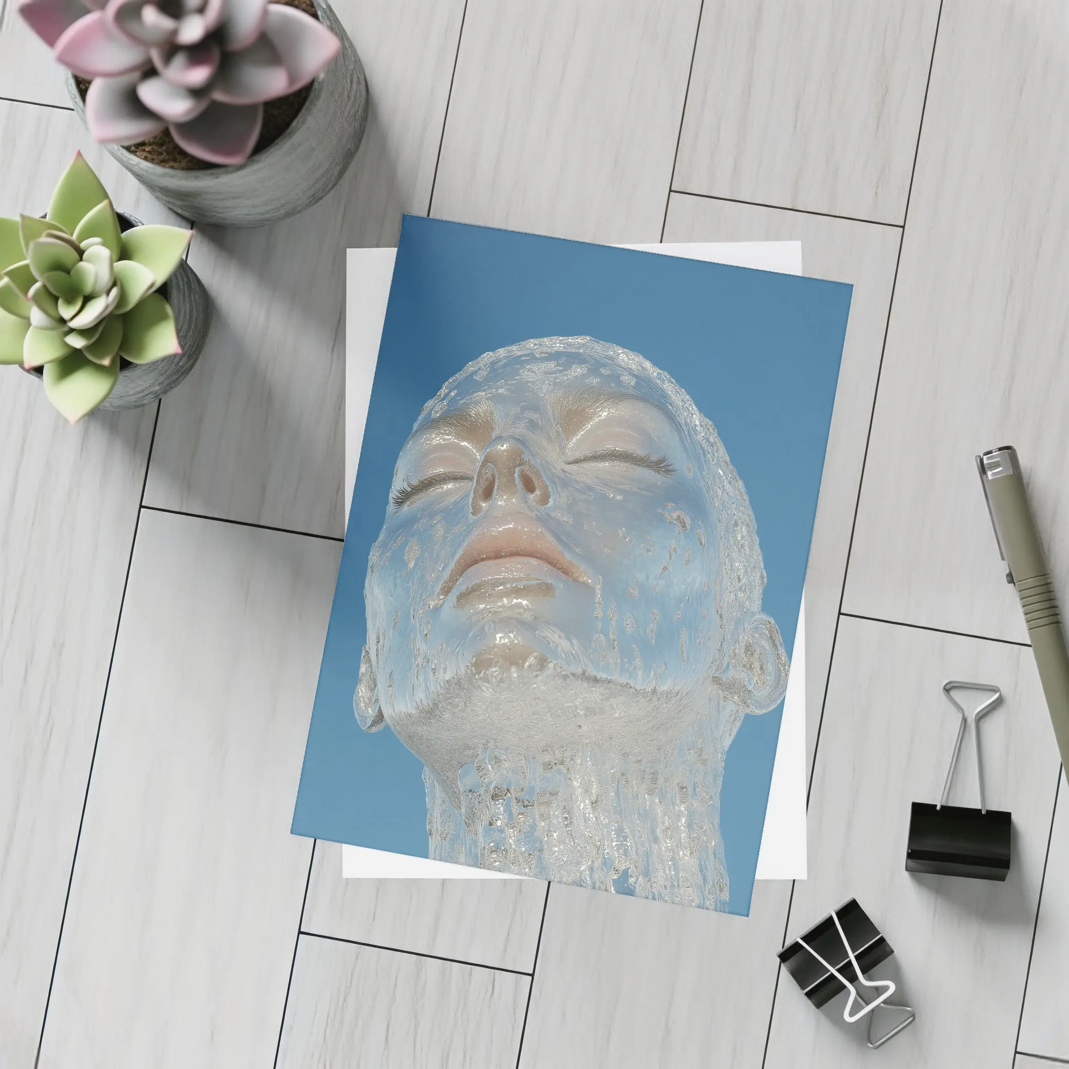 Ice Face Sculpture Against Blue Sky – Postcards
