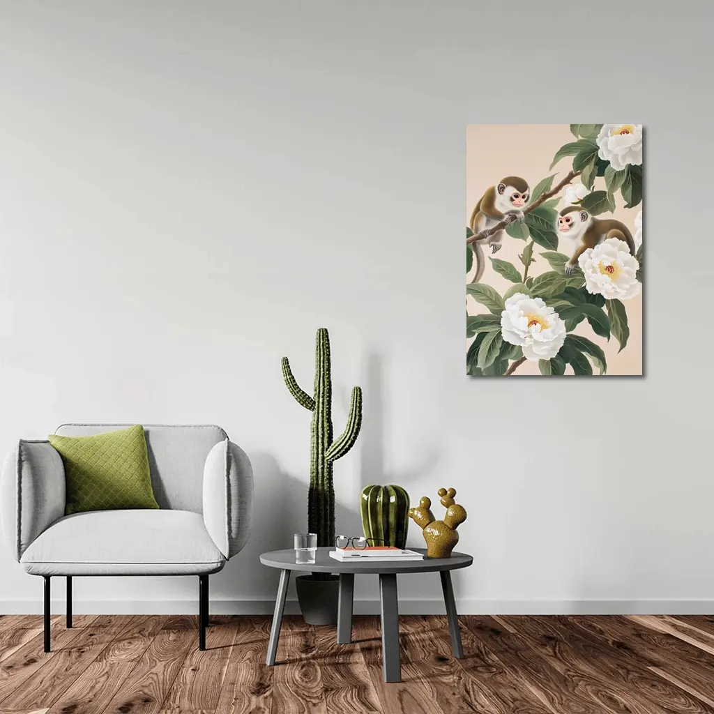 Two Monkeys on Branch with White Peonies – Wall Art