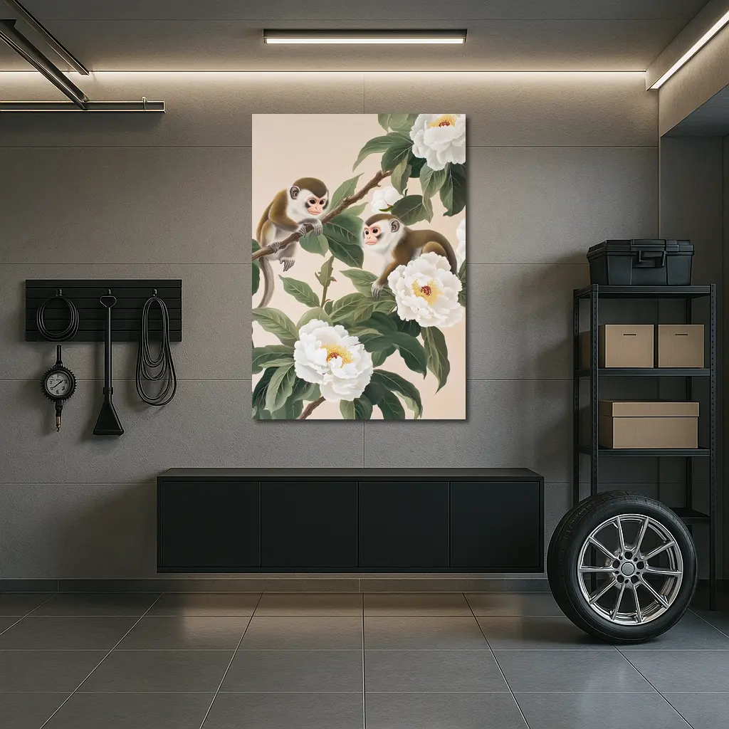 Two Monkeys on Branch with White Peonies – Wall Art