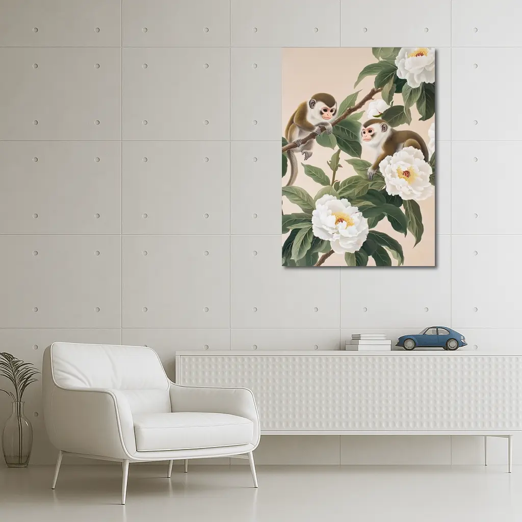 Two Monkeys on Branch with White Peonies – Wall Art