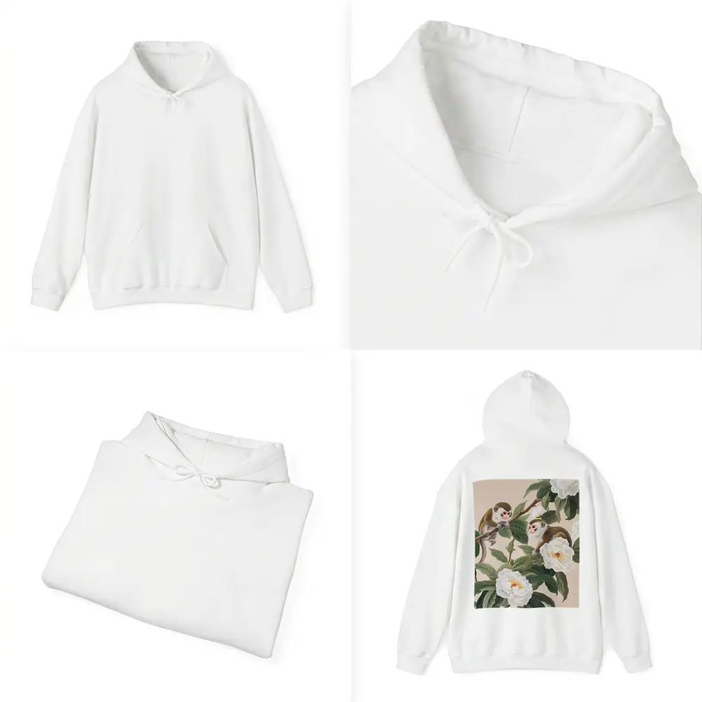 Two Monkeys on Branch with White Peonies – Hoodies