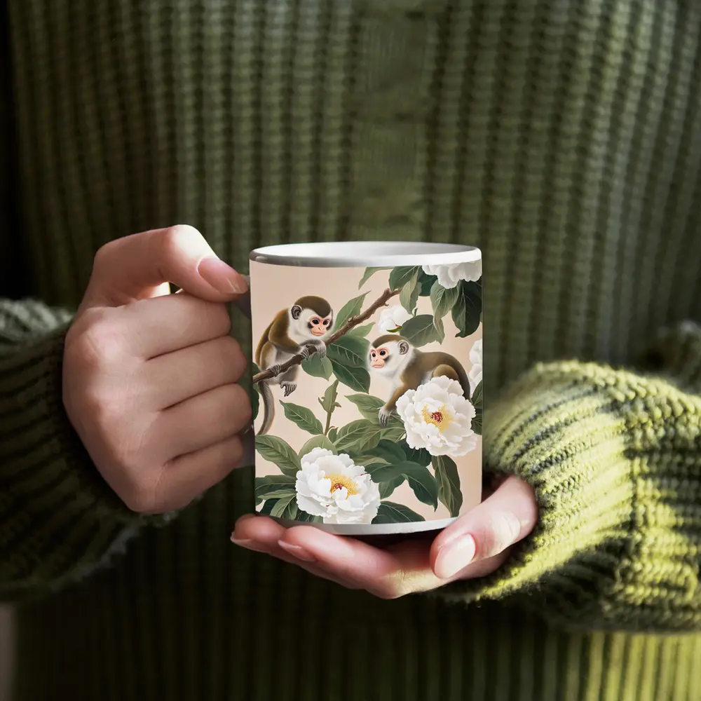 Two Monkeys on Branch with White Peonies – Mugs