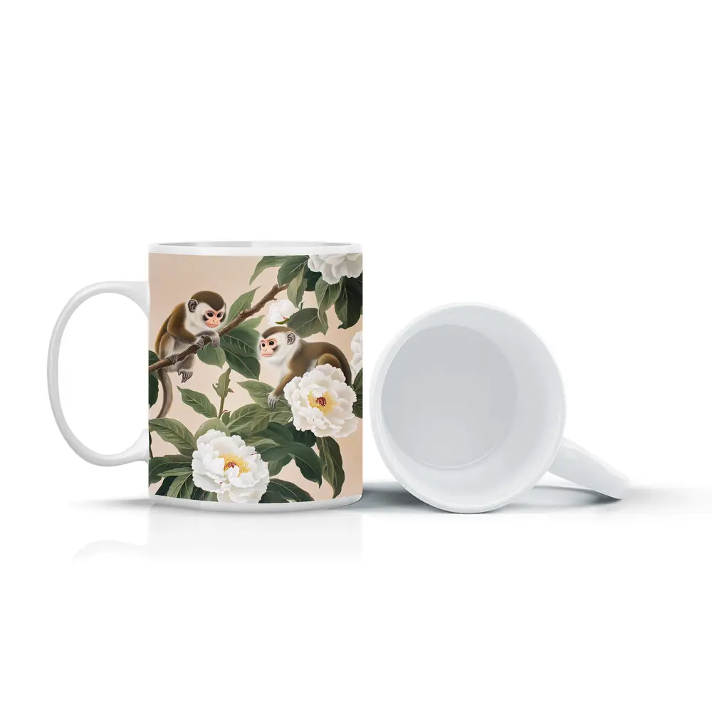 Two Monkeys on Branch with White Peonies – Mugs