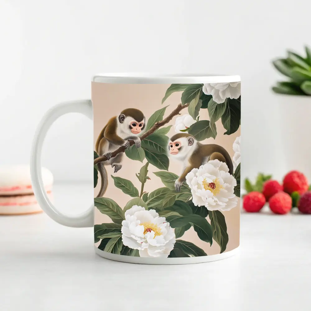 Two Monkeys on Branch with White Peonies – Mugs