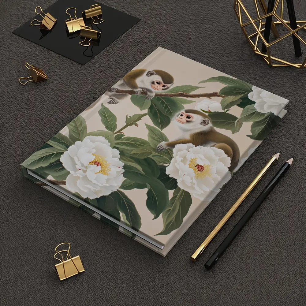 Two Monkeys on Branch with White Peonies – Notebooks