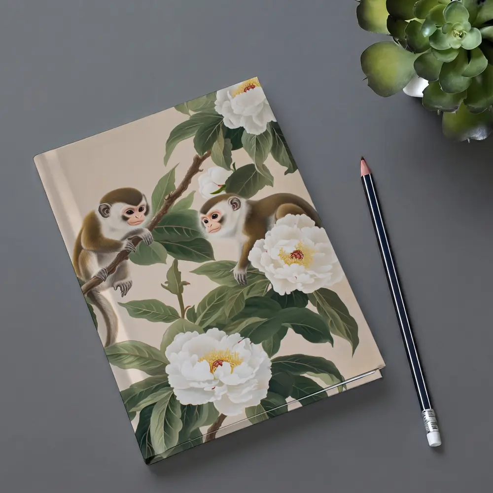 Two Monkeys on Branch with White Peonies – Notebooks