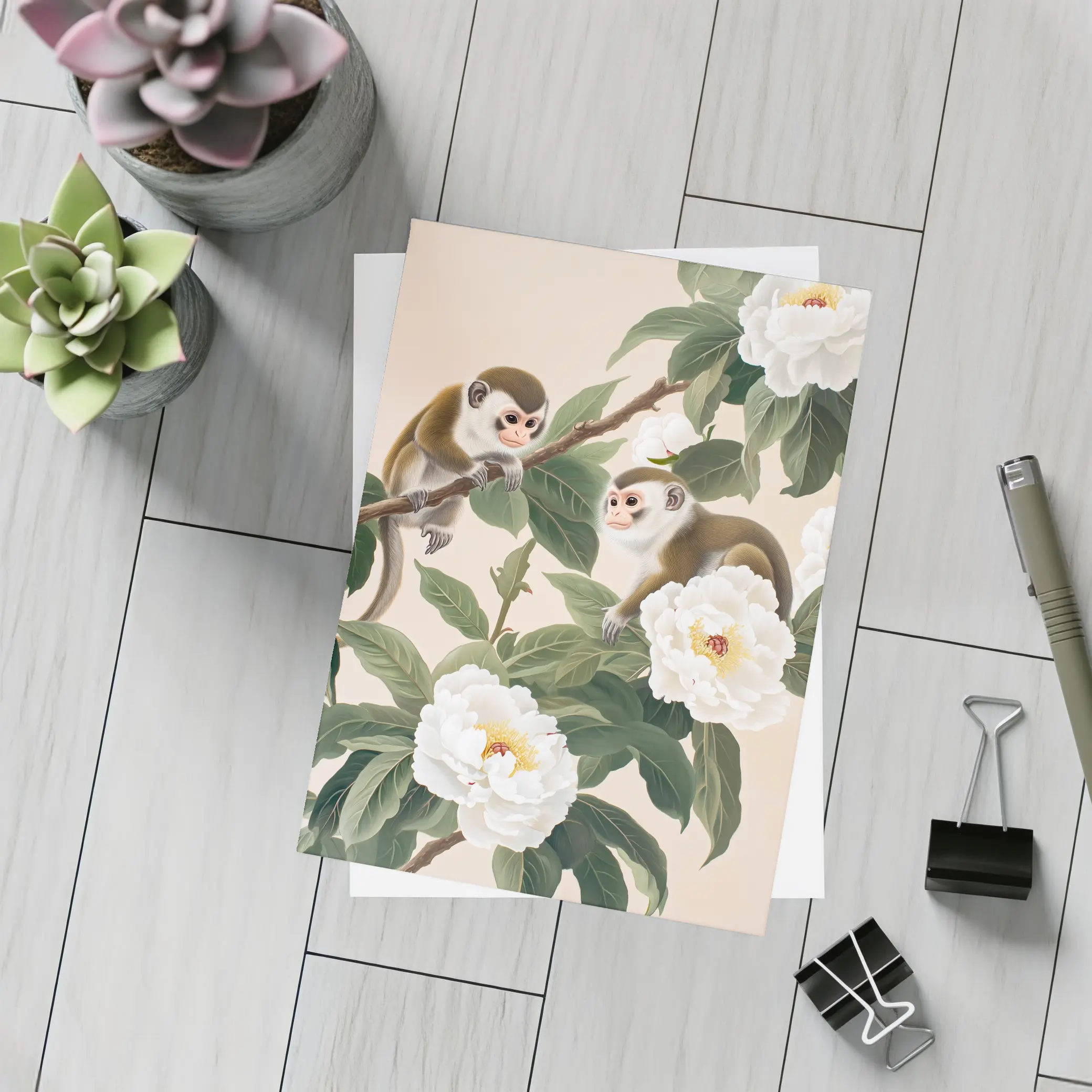 Two Monkeys on Branch with White Peonies – Postcards