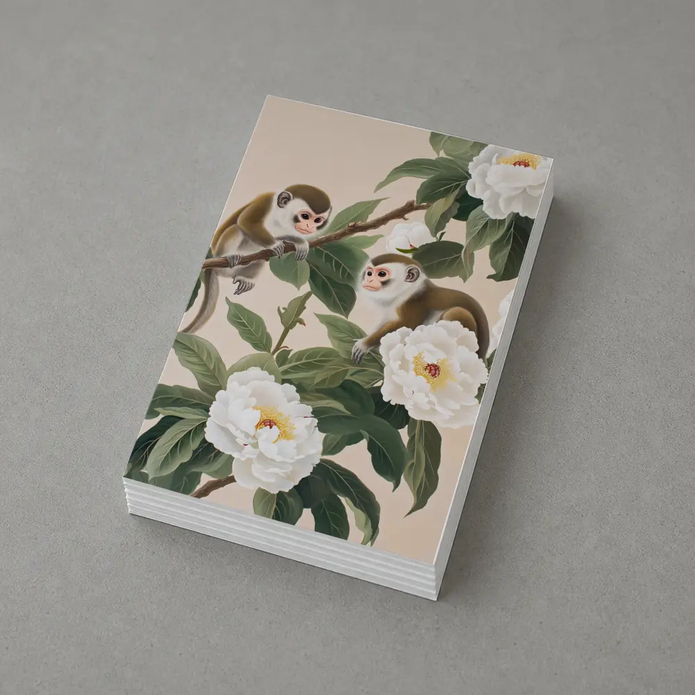 Two Monkeys on Branch with White Peonies – Postcards
