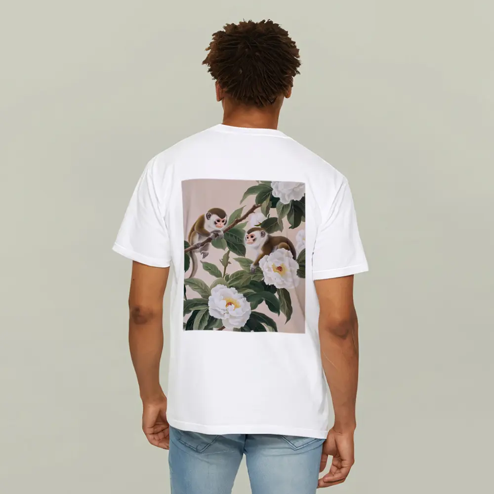 Two Monkeys on Branch with White Peonies – T-Shirts