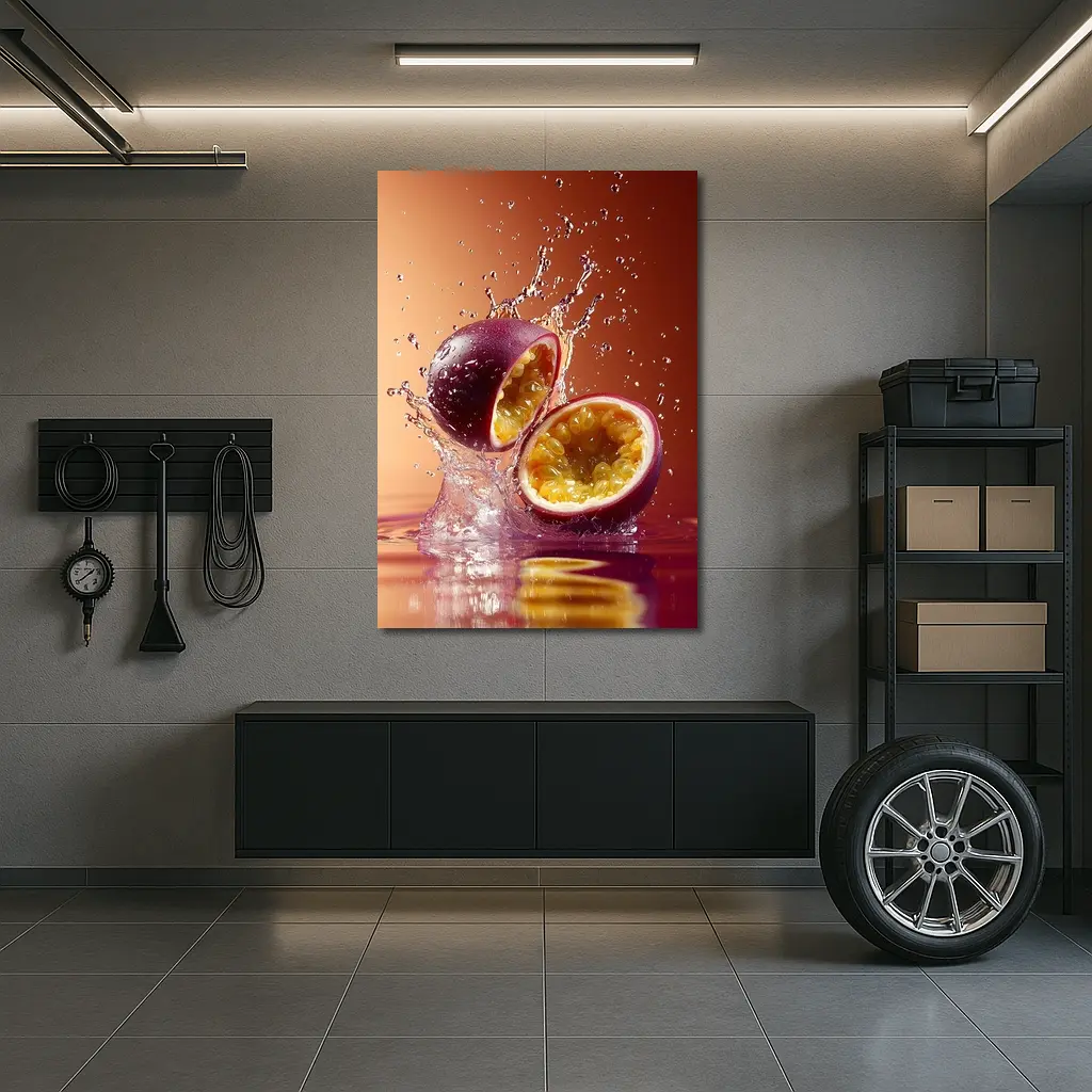 Passion Fruit Splash on Warm Red Background – Wall Art