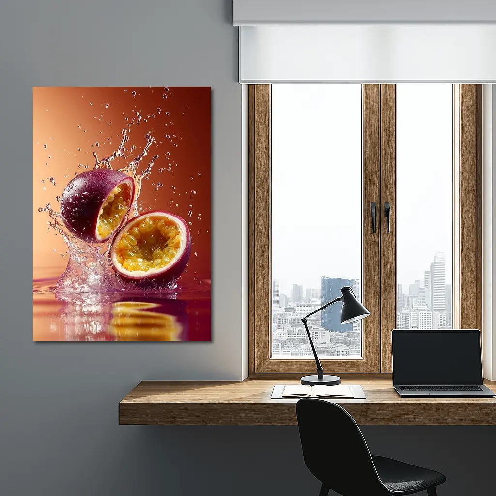Passion Fruit Splash on Warm Red Background – Wall Art