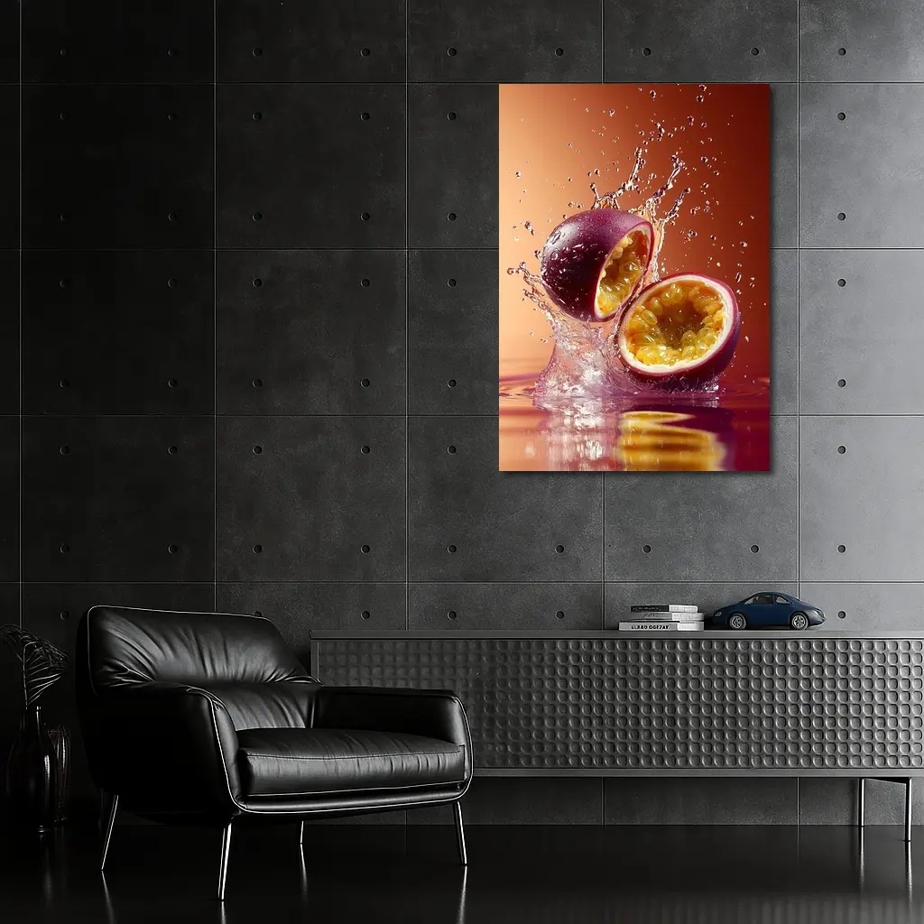 Passion Fruit Splash on Warm Red Background – Wall Art