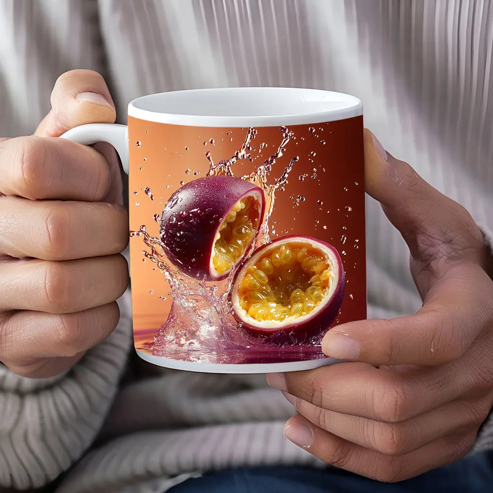 Passion Fruit Splash on Warm Red Background – Mugs