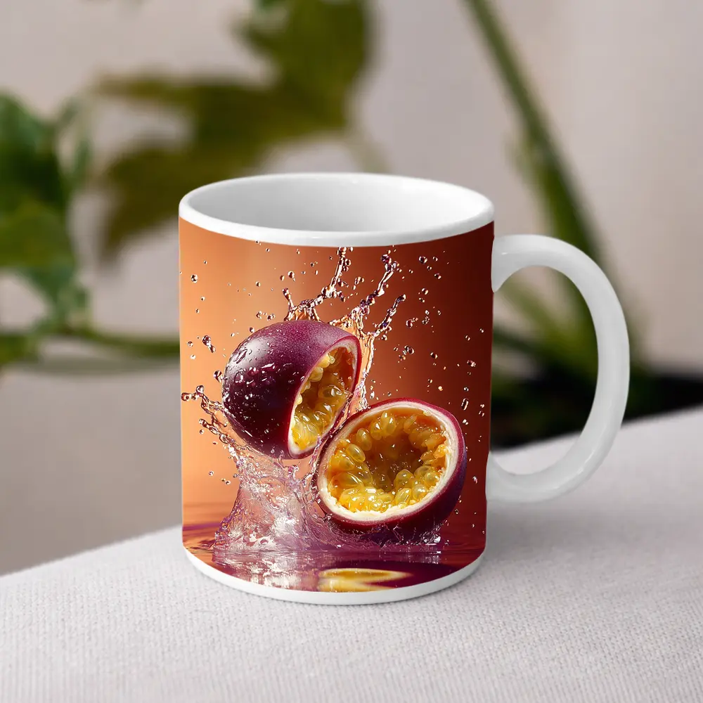 Passion Fruit Splash on Warm Red Background – Mugs
